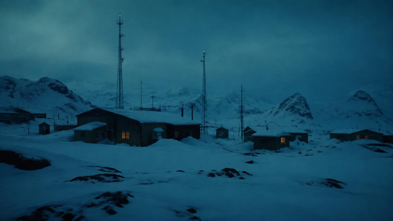 Aurora Station exterior — blue hour